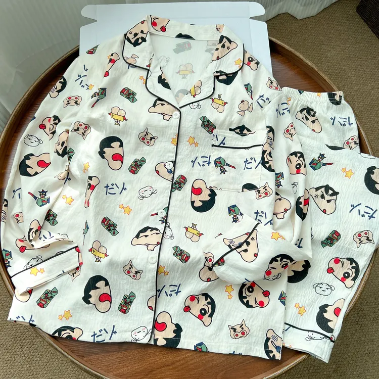 云朵棉两件套日系蜡笔小新睡衣女春秋季ins风长袖学生卡通家居服