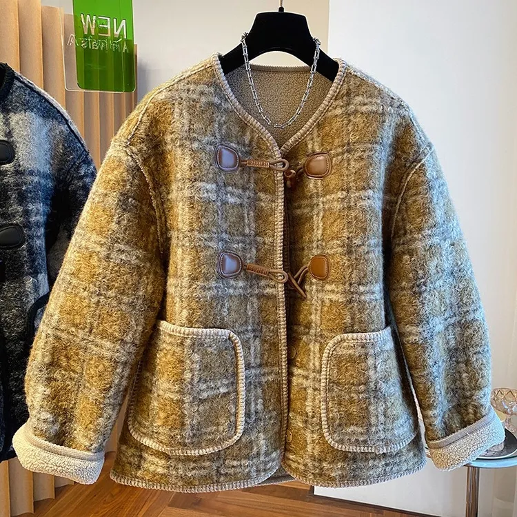 2025新款韩版宽松休闲小香风气质毛茸茸外套女秋冬无领毛绒上衣