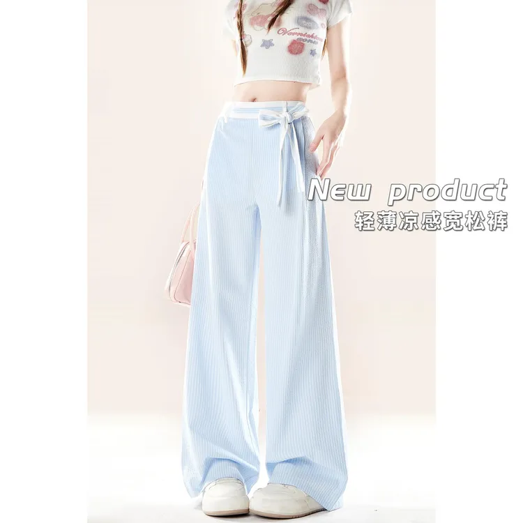 美式直筒条纹休闲裤女2025夏季新款慵懒高腰显瘦直筒长裤子