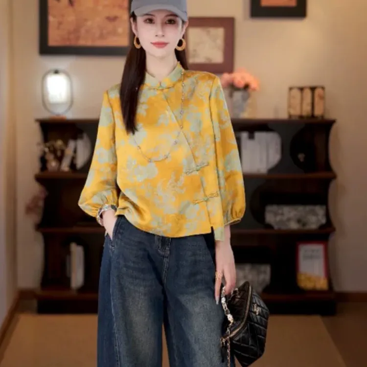 秋季新款新中式国风显瘦长袖立领醋酸刺绣提花印花洋气气质上衣