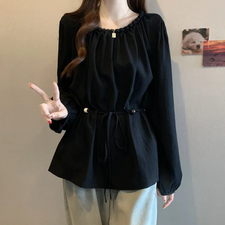 大码遮肚子法式串珠系带长袖衬衫女春秋胖MM显瘦百搭洋气收腰上衣