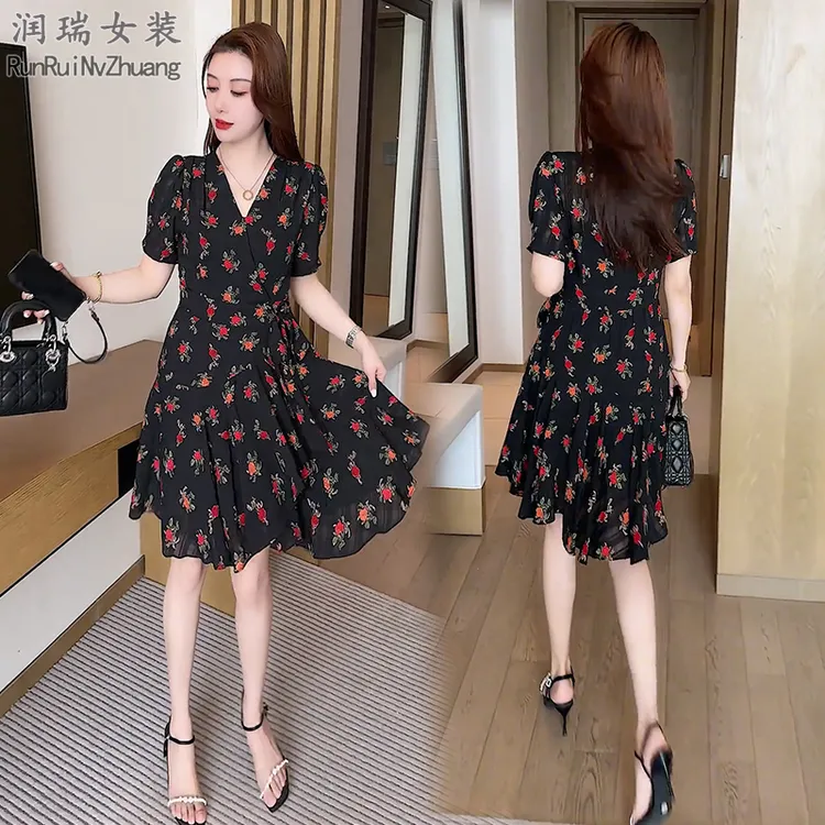 V领夏季显瘦连衣裙裙子中长裙高腰小个子修身碎花印花收腰荷叶边