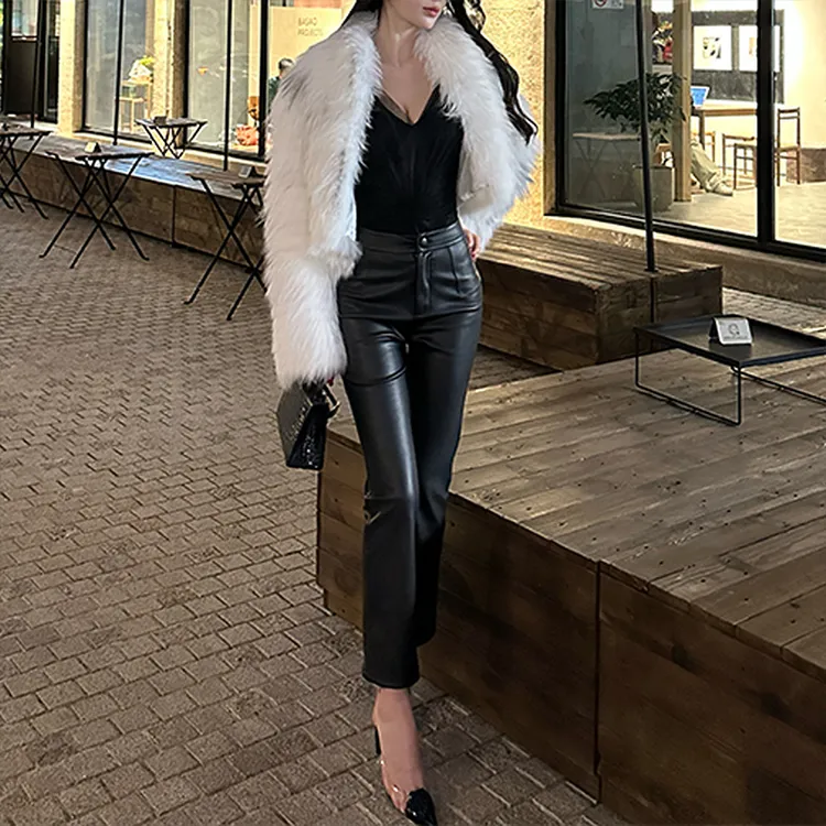 PU皮裤女2025秋冬新款高腰修身直筒裤小个子显瘦休闲九分烟管裤子