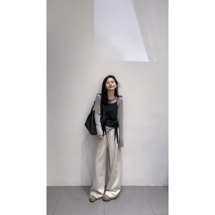 2025秋季新款韩系叠穿薄款打底衫设计感马甲背心休闲裤三件套装