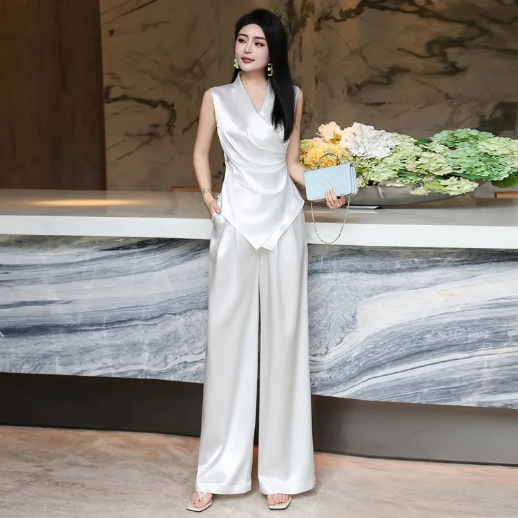 欧洲站女装法式优雅不规则轻奢显瘦背心上衣阔腿裤套装夏两件套