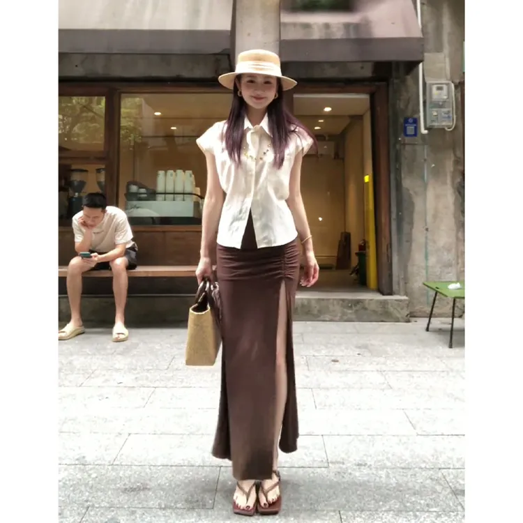 2025夏季新款女法式气质翻领修身短袖上衣高腰显瘦开叉A字半身裙