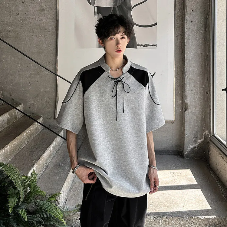 穿绳立领夏季高克重短袖 拼接撞色Polo衫设计感个性T恤休闲宽松