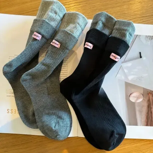 韩版双层拼色后跟布标中筒袜女网红潮流百搭袜子堆堆袜中性罗口袜