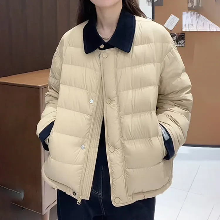 2025秋冬新款翻领棉服上衣女韩系设计感拼色时尚百搭宽松显瘦外套