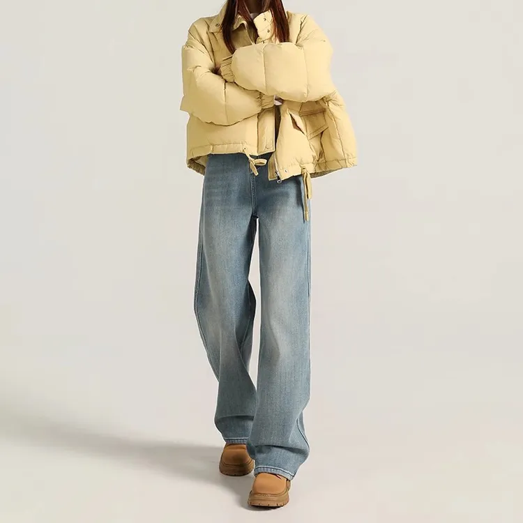 浅色加绒牛仔裤女冬季加厚2025新款高腰垂感小个子窄版直筒阔腿裤