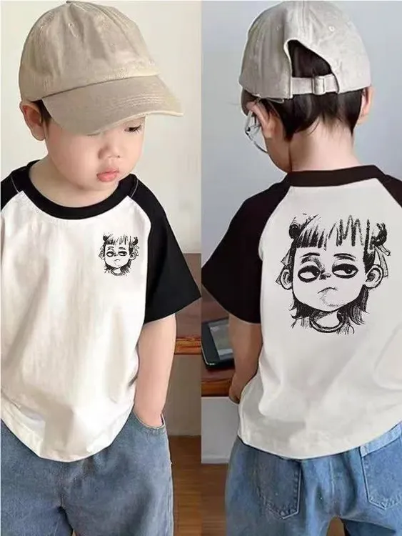 韩版男女童擦肩袖卡通哪吒宽松短袖圆领吸汗上衣T恤潮酷痞帅童装