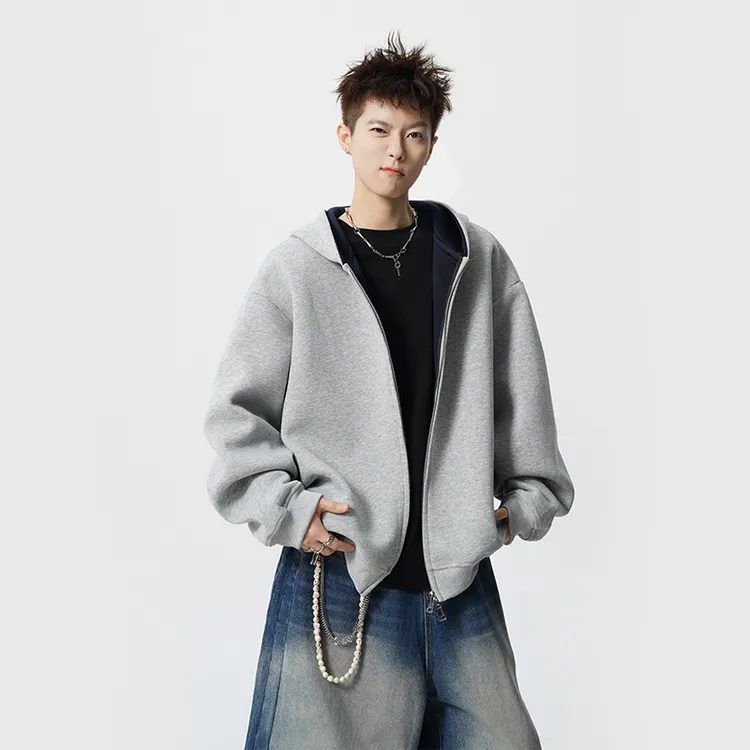 美式复古460G重磅双色廓形短款卫衣男女款秋季连帽开衫双拉链外套