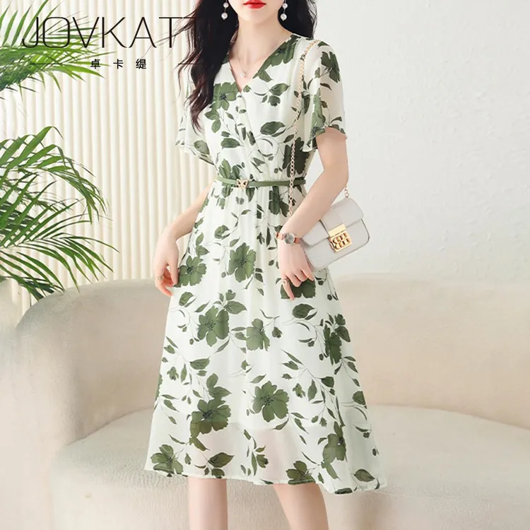 碎花雪纺连衣裙子女士装夏季2025年新款收腰小个子短袖气质中长裙