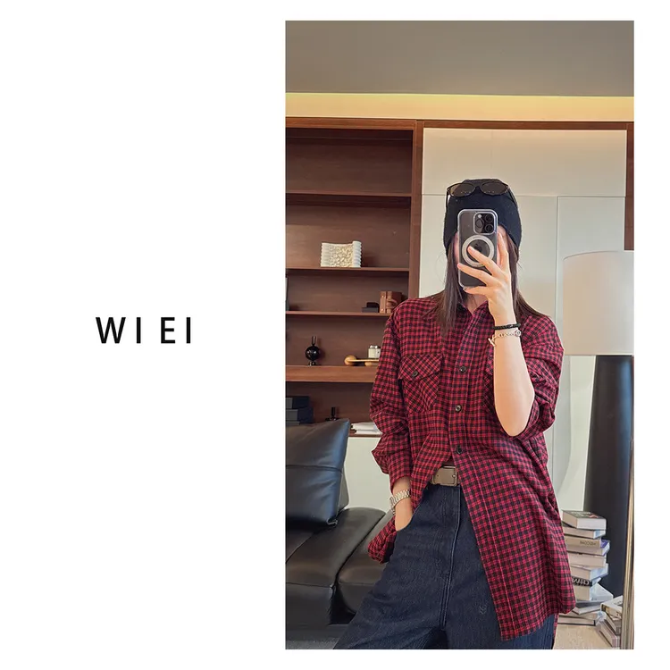 《WI EI》男友风 oversize 棉质 磨毛 格子撞色 衬衫外套 W25301046