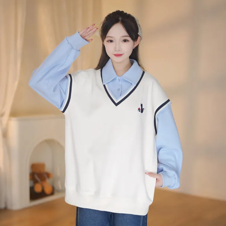 初中生卫衣女2026早春新款加厚学院风假两件撞色高中学生大童洋气