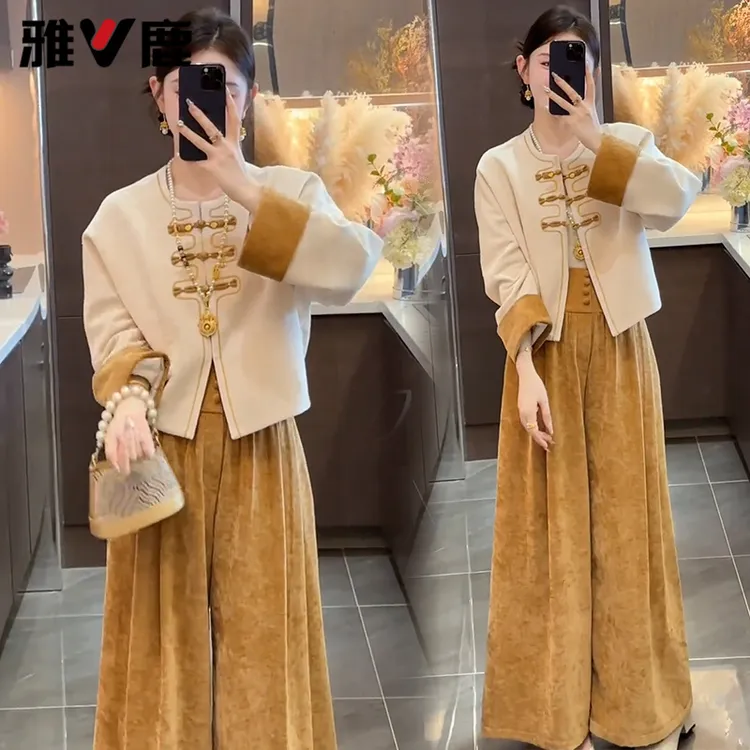 雅鹿新中式时尚套装女2025秋国风盘扣短外套阔腿裤两件套