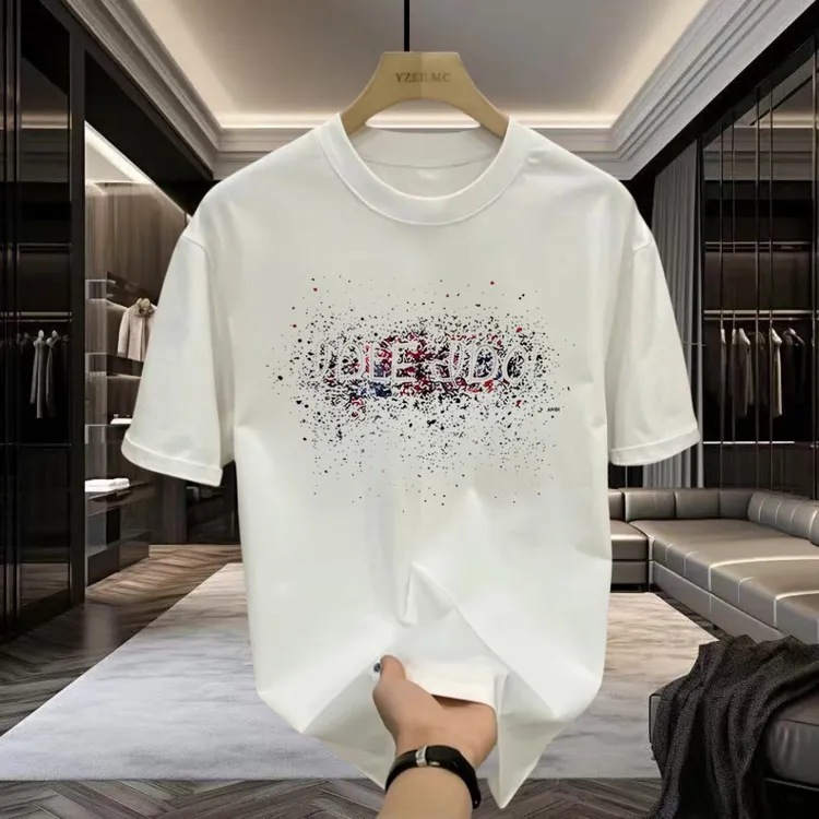 2025夏季新款潮流宽松百搭圆领字母印花图案白色短袖T恤男士ins