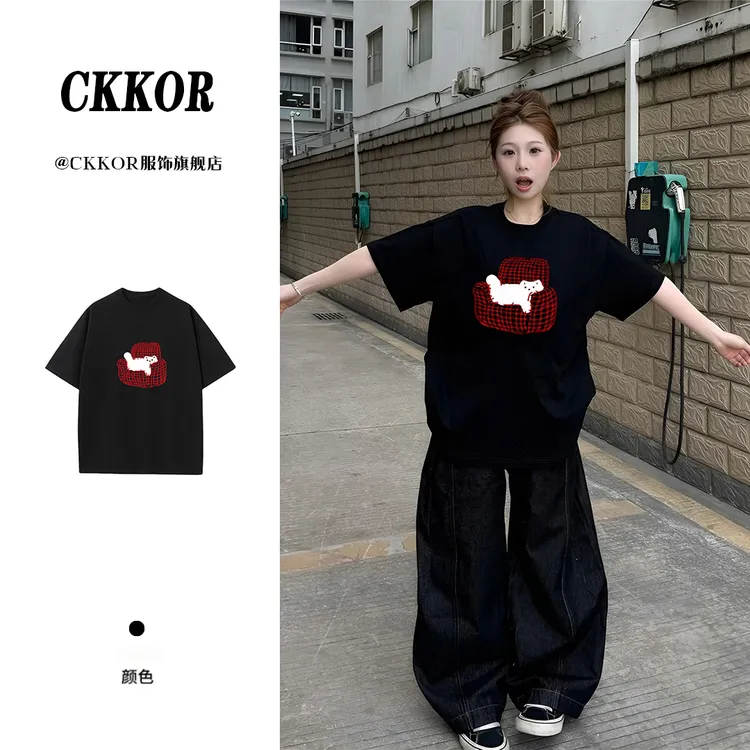 CKKOR夏季新款纯棉短袖t恤女猫咪印花宽松慵懒风穿搭圆领休闲上衣