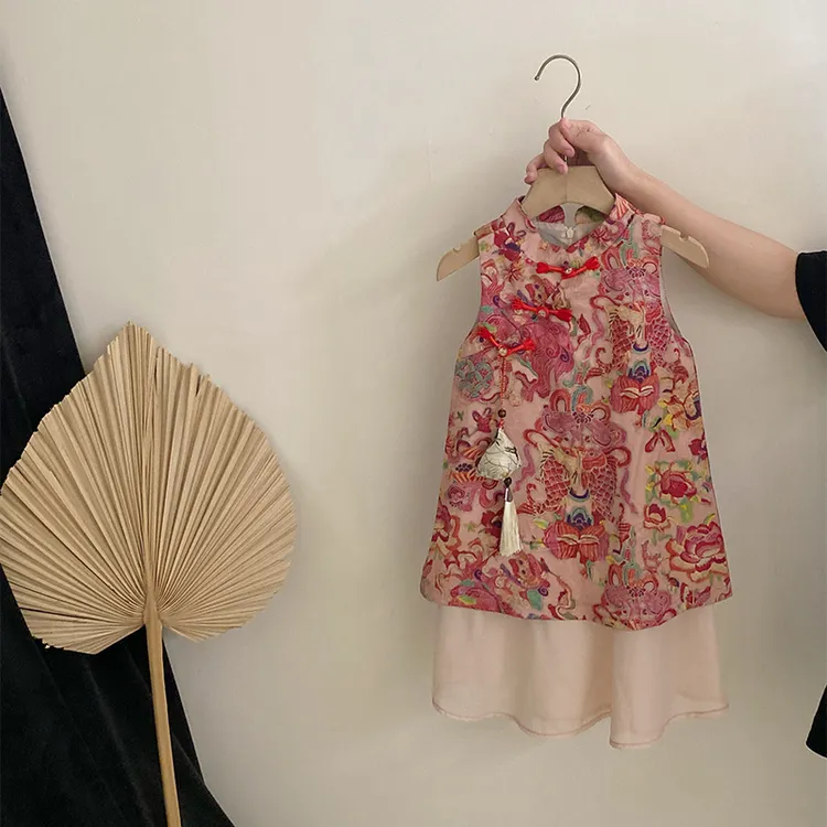【安安家】新中式马甲夏季气质背心复古无袖衬衫儿童连衣裙R25400