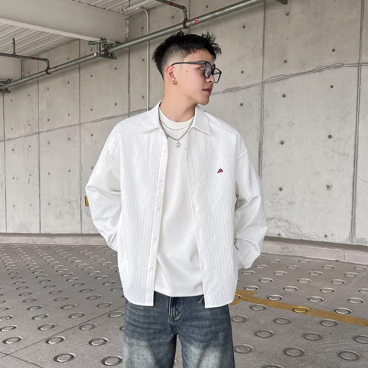 美式休闲华夫格衬衫男长袖春秋潮流简约字母刺绣帅气宽松衬衣外套