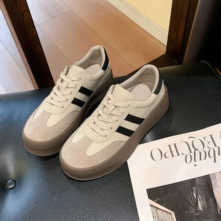 真皮牛皮复古德训鞋女2025春夏季新款休闲板百搭厚底内增高小白鞋