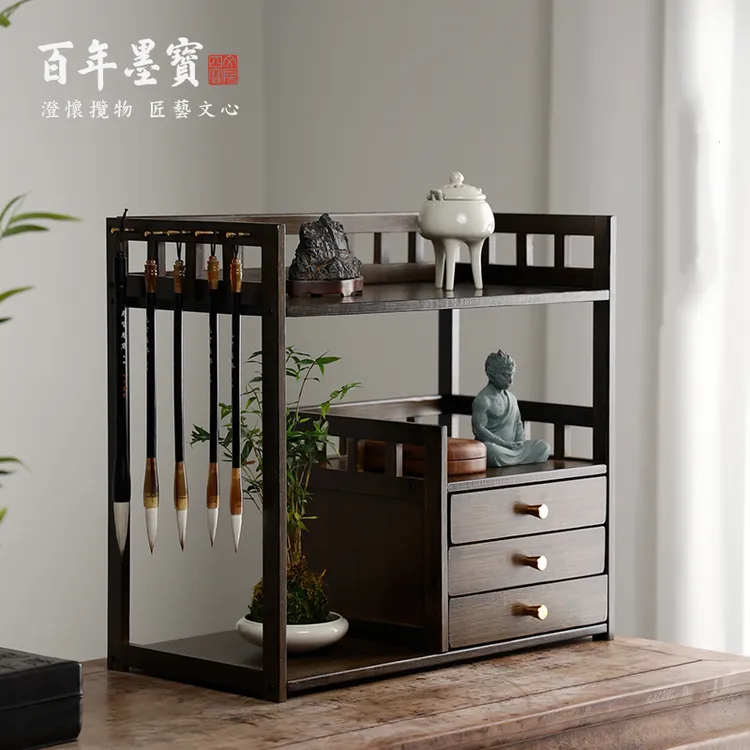 楠竹多层博古架 复古毛笔挂中式文房四宝