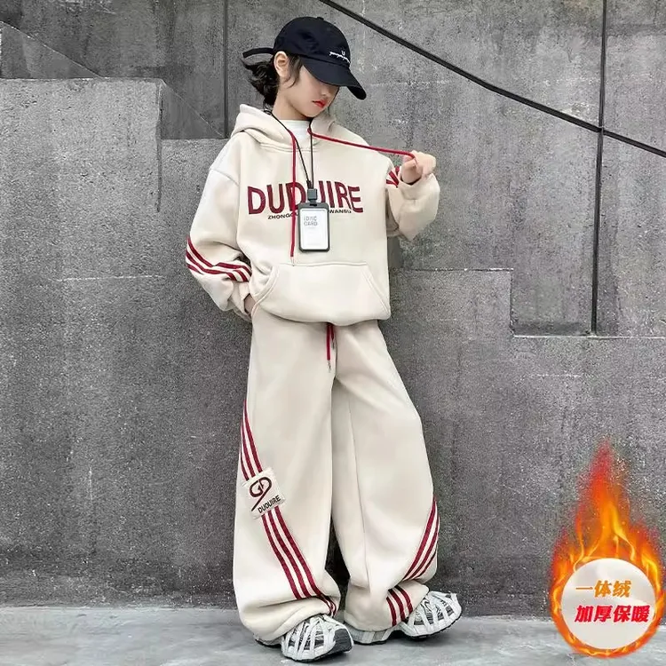 女童秋冬休闲套装2025新款加绒女大童连帽卫衣运动阔腿裤两件套潮
