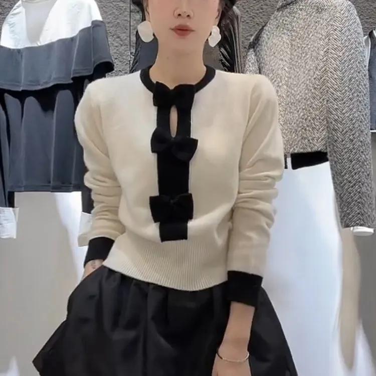 秋冬新款女蝴蝶结撞色拼接针织衫时尚高级感收腰显瘦内搭毛衣上衣