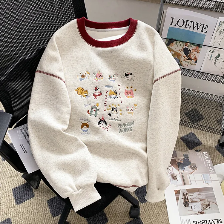 卡通猫咪刺绣拼接撞色无帽卫衣女秋季2025新款韩系ins风上衣外套