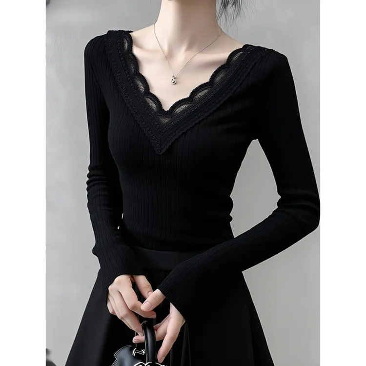 秋冬甜辣妹黑色蕾丝拼接v领针织打底衫女内搭高级感修身长袖上衣