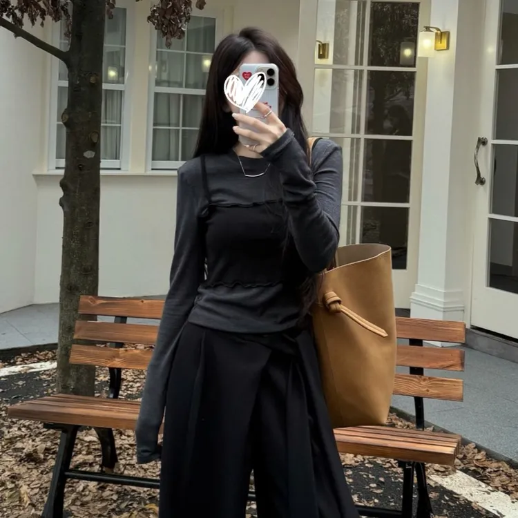 2025秋款韩系穿搭长袖T恤辣妹修身显瘦高级设计感纯欲百搭女上衣