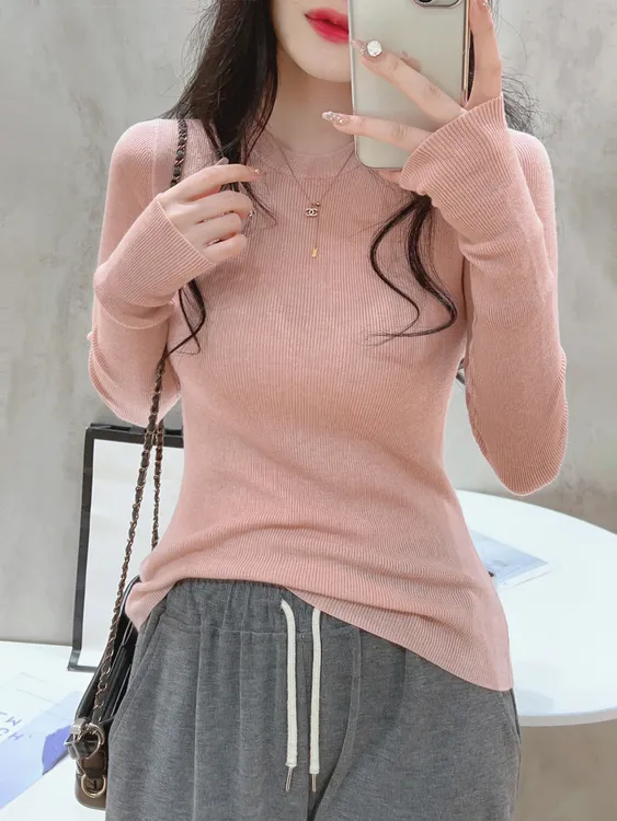 修身套头粉色针织衫2025秋冬新款正肩显瘦内搭长袖打底衫上衣毛衣