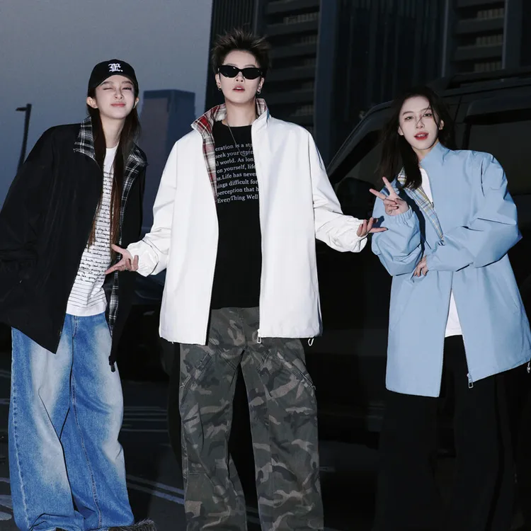 外套男女春秋季潮牌2025新款双面穿格子拼接宽松百搭立领休闲夹克