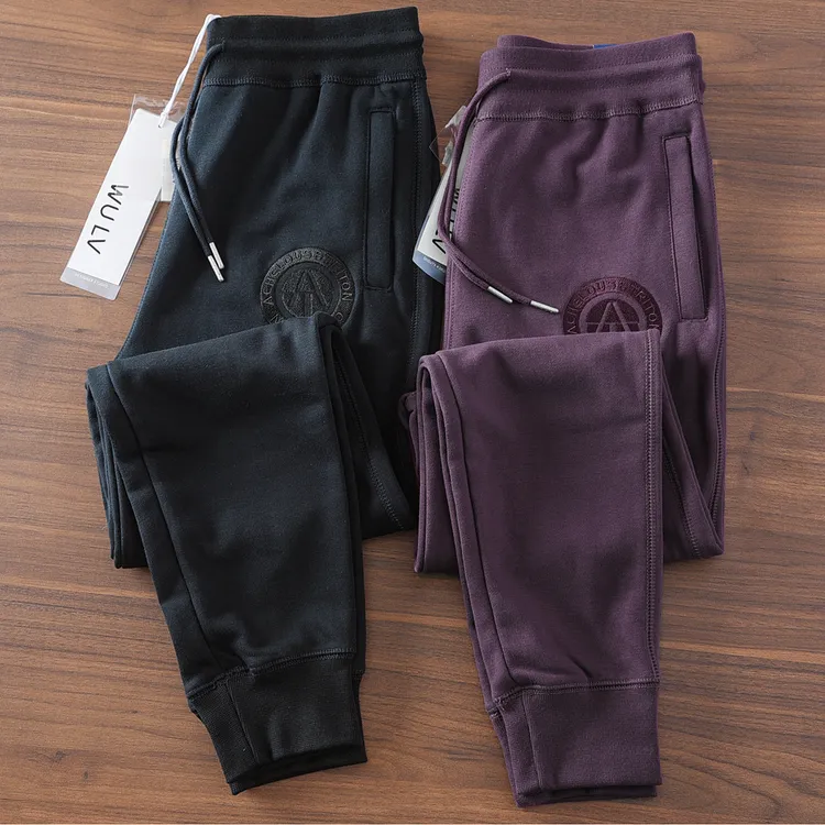 春秋新款立体刺绣修身束脚卫裤男美式休闲牛肚毛圈棉收口运动裤男