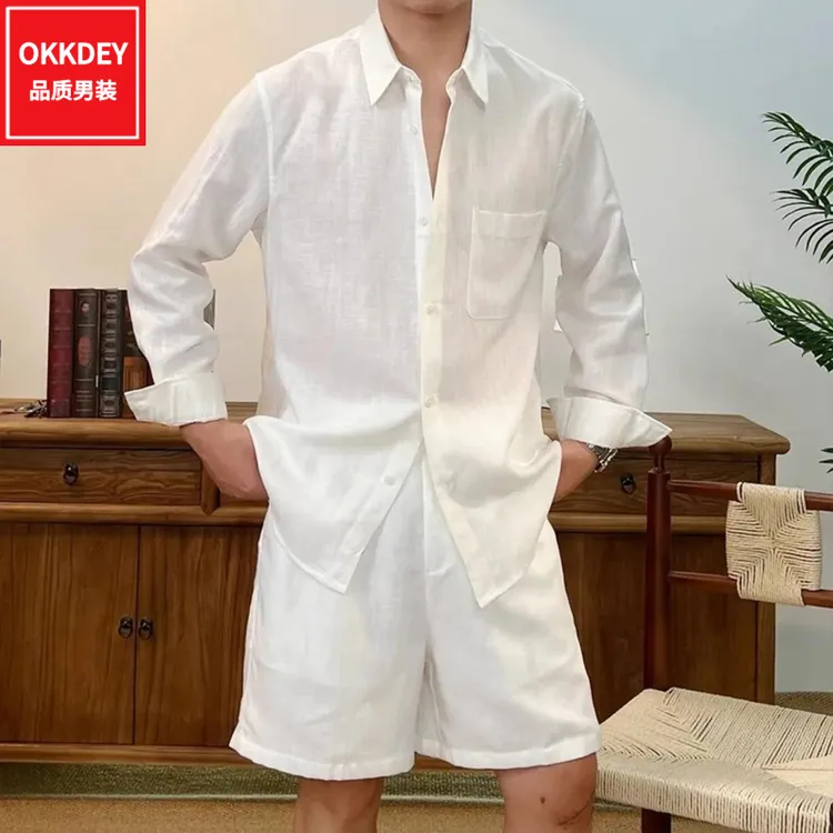 老钱风亚麻套装男士夏季新款高端轻奢长袖衬衫休闲短裤时尚两件套