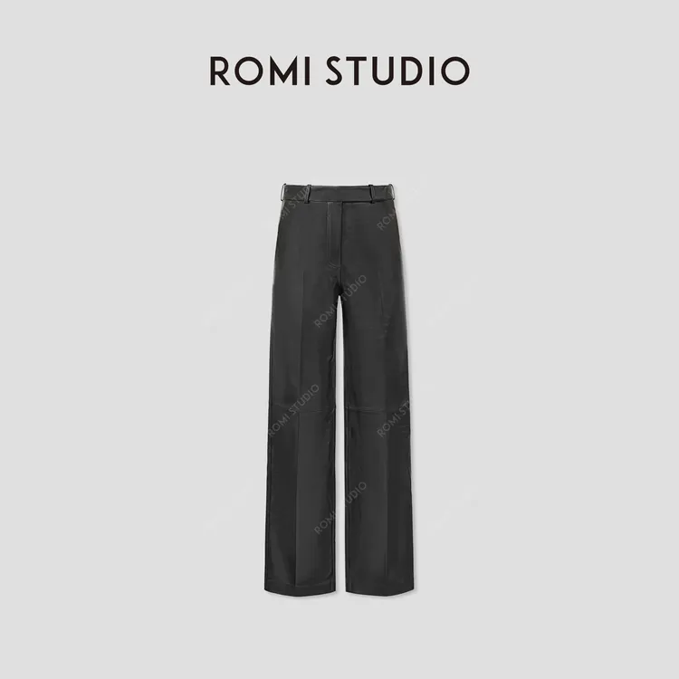 ROMI STUDIO“超模皮裤”法国进口小羊皮扣袢式微喇皮裤 RWCWXG6552