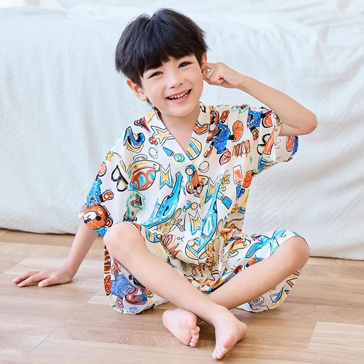 夏季短袖男童儿童薄款女孩女童宝宝空调服家居服套装棉绸睡衣