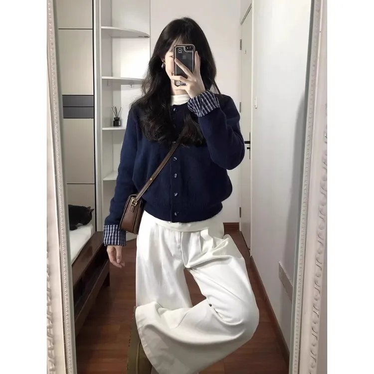 假两件藏青色针织开衫毛衣女春秋季新款韩系慵懒风松弛感短款上衣