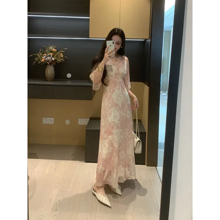 XINYI【国色芳华】夏季蝙蝠袖雪纺连衣裙收腰显瘦X626Q04894-3