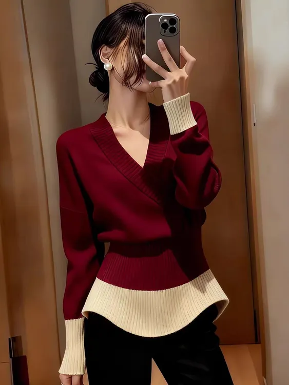 高级感超好看气质撞色软糯毛衣女装2025秋冬新款掐腰漂亮针织上衣