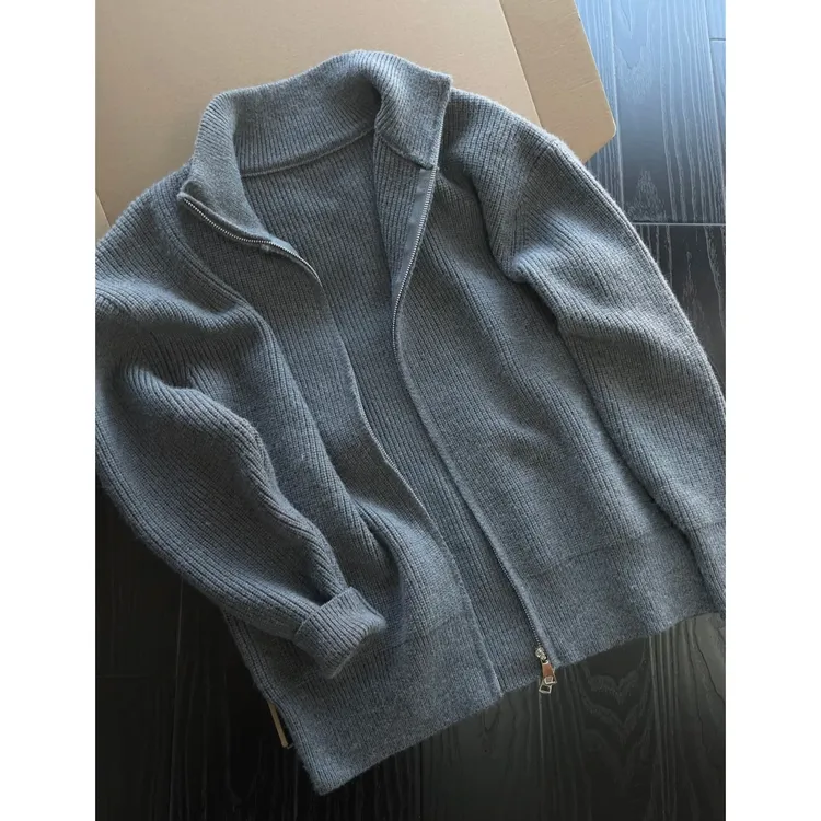 灰色立领拉链开衫毛衣男春秋季美式痞帅夹克外套高级感内搭针织衫