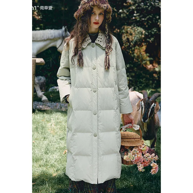 菀壹2025冬季新款可拆卸翻领鸭绒外套青果绿过膝长款女Y02711559