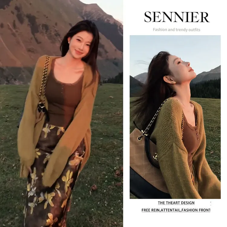 流行穿搭女2025早秋新款慵懒宽松针织开衫显瘦内搭半身裙三件套装