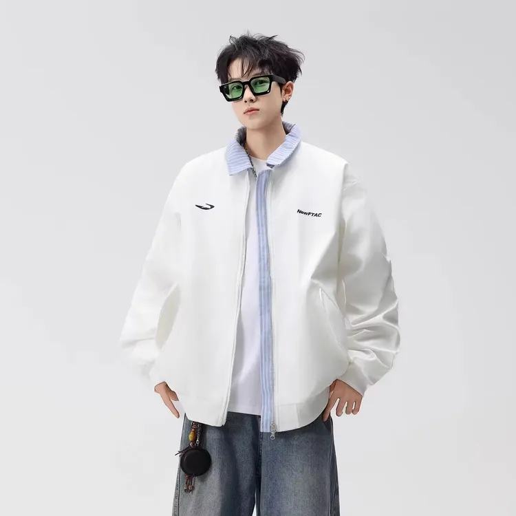 美式cleanfit轻奢痞帅夹克男女款学院风休闲条纹拼接假两件外套潮