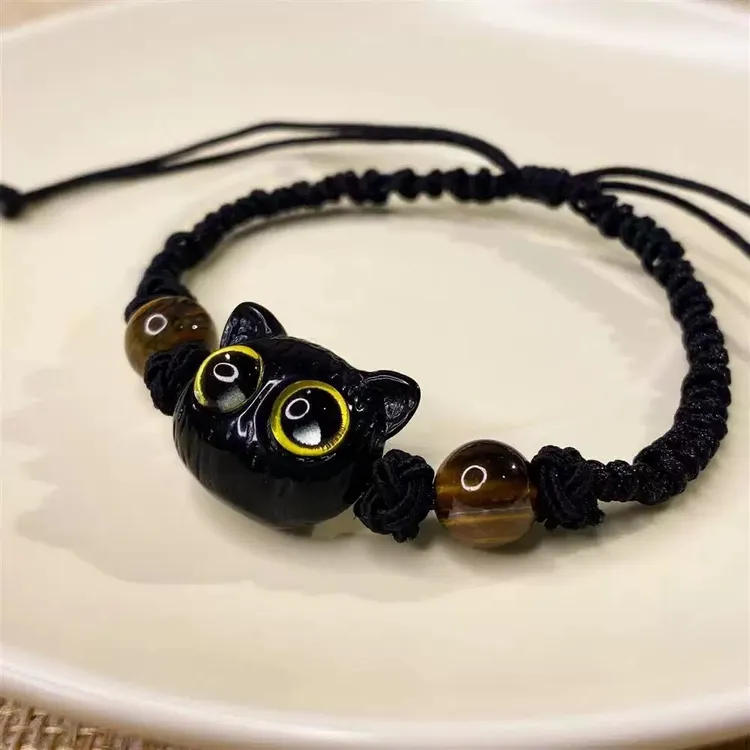 非金属树脂手链 黑色猫咪情侣手链百搭可调节大小手绳送女友礼物
