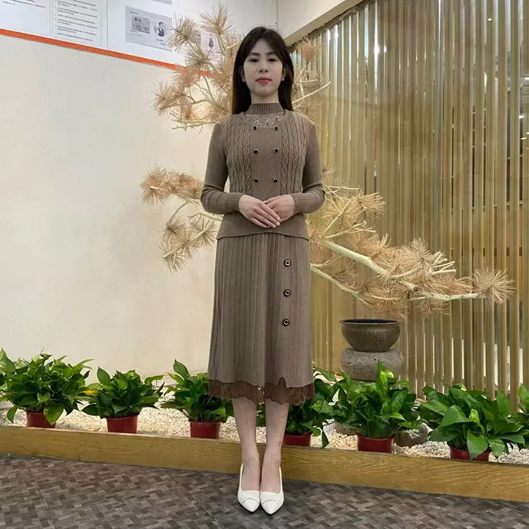 秋冬针织双排扣背心两件套时尚半高领针织中长款连衣裙洋气长袖裙