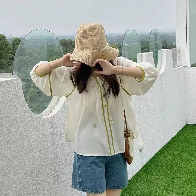胖MM特大码300斤七分泡泡袖衬衫女2025夏季宽松百搭法式休闲上衣