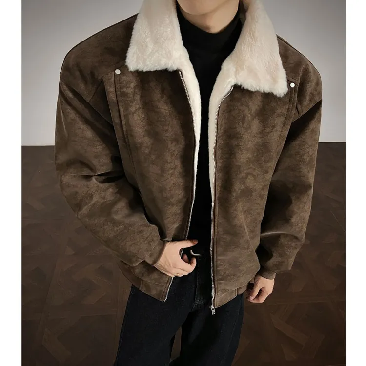 美式复古羊羔毛翻领棉服外套男秋冬季宽松保暖高级感pu皮夹克棉衣