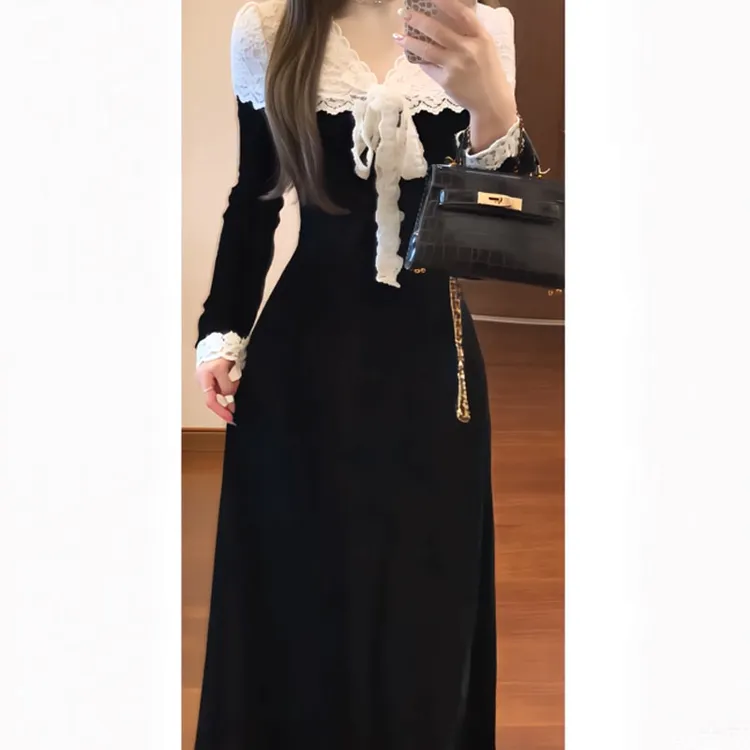 正式场合端庄连衣裙法式赫本风气质感蕾丝拼接修身包臀长裙25秋季