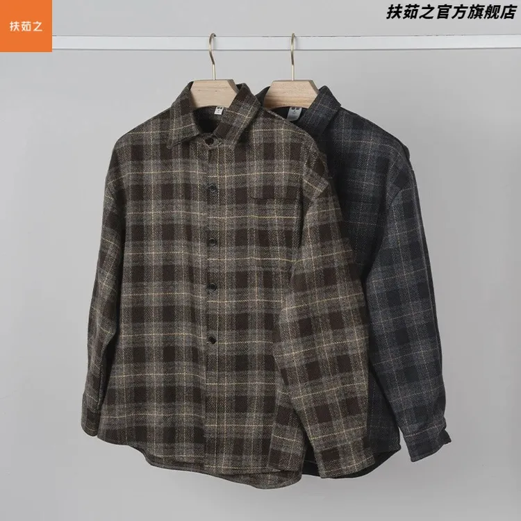 设计师线新品男士复古磨毛格子衬衫休闲衬衣外套